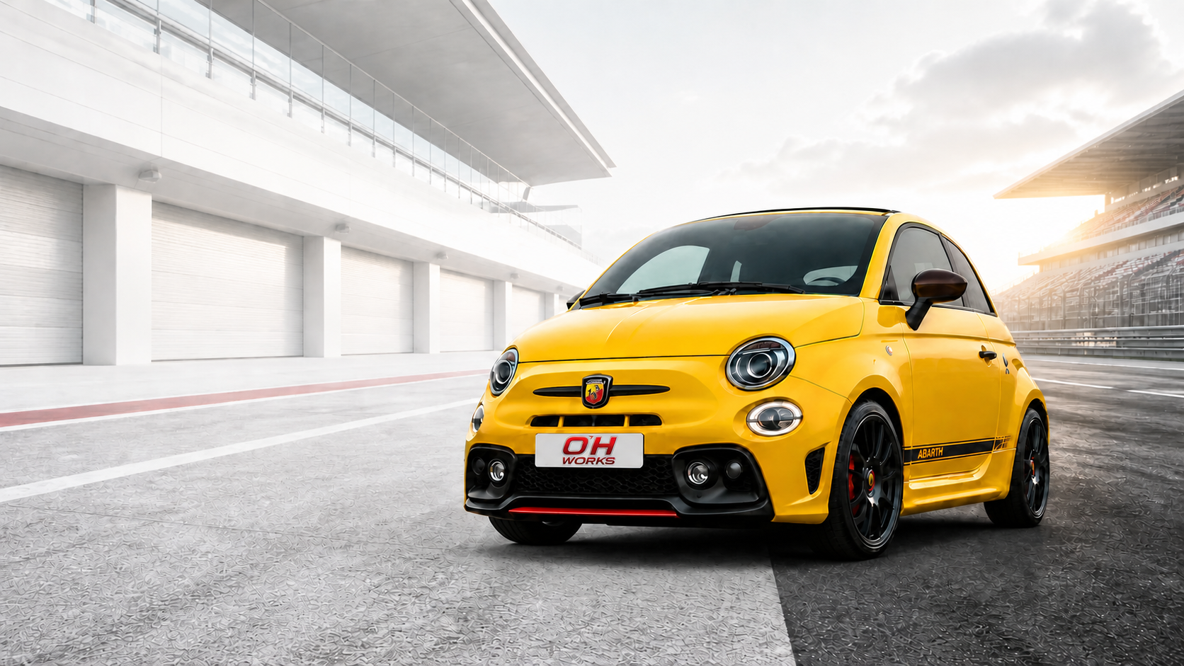 Yellow Abarth 595 with OH WORKS plate